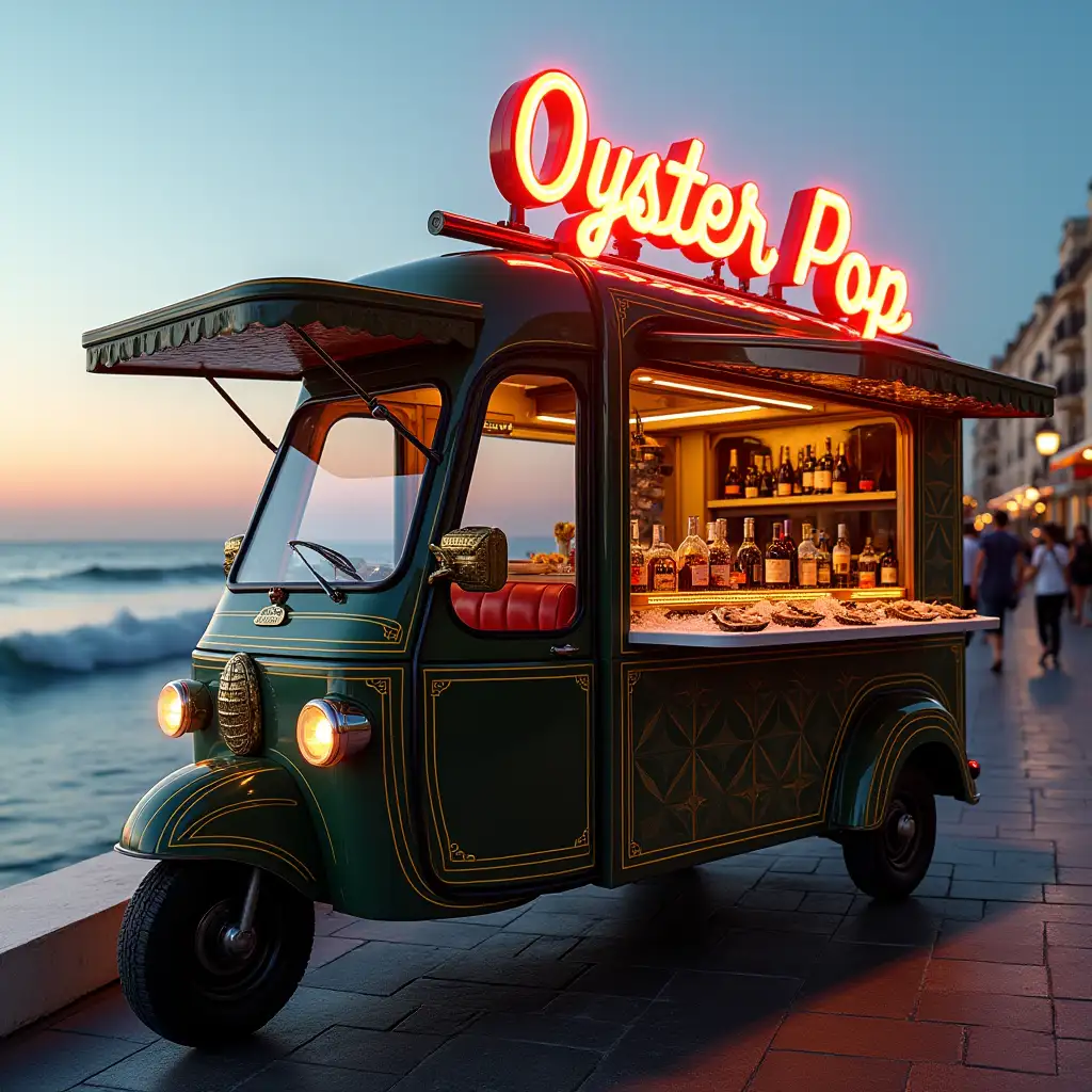 An Art Deco-inspired Piaggio Ape food truck, elegantly transformed into an oyster bar, set on a picturesque Italian seaside promenade. The Ape is painted in rich, glossy hues with geometric patterns and luxurious chrome details. It features a beautiful countertop display with oysters artfully arranged on crushed ice, glistening under soft lighting. Nearby, an elegant shelf showcases bottles of vintage champagne. The iconic neon 'Oyster Pop' sign, in bold, vintage-style lettering, glows brightly in the evening light. The truck’s details evoke sophistication, blending old-world charm with modern flair. The background shows the calming waves of the sea, with people leisurely strolling along the waterfront, completing the perfect Italian food truck scene.