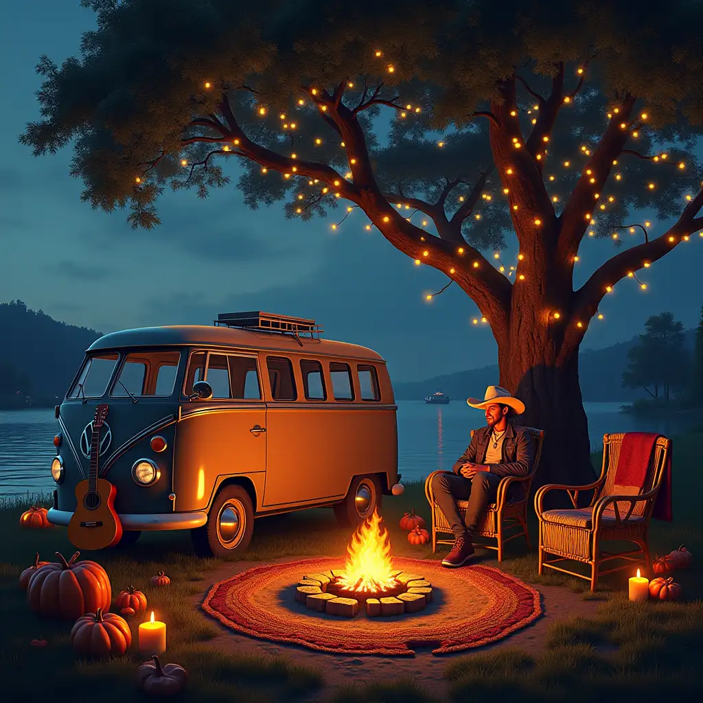 user_prompt: Ultradetailed hyperrealistic portrait a vwbus a guitar leans on a vw bus and a man with cowboy hat sits on a chair by the lake with a very large tree with fairy lights pumpkins with candles campfire two rattan chairs with blanket elaborately detailed, colorful