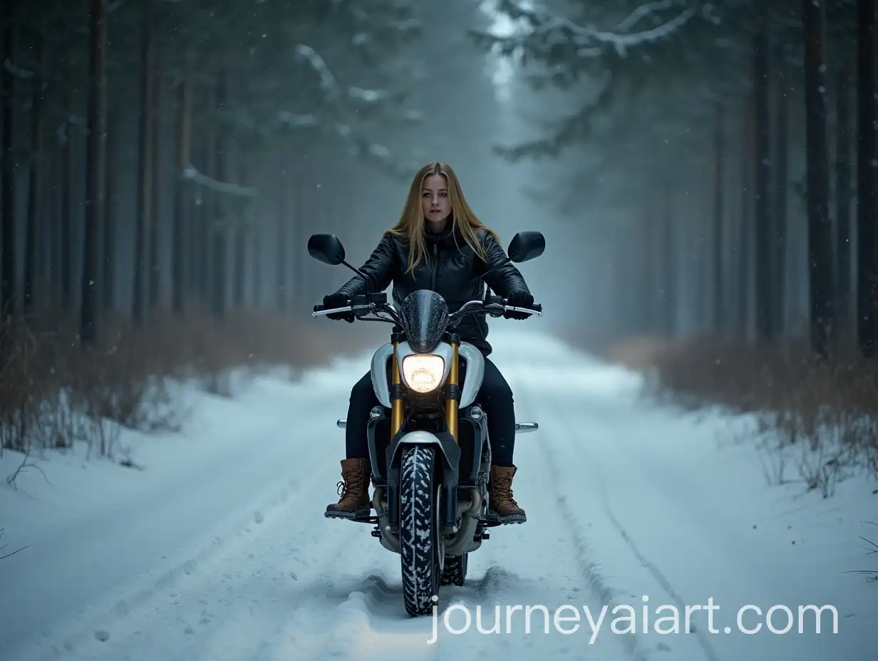 Blonde-Girl-Riding-White-Motorcycle-Through-Dark-Snowy-Forest