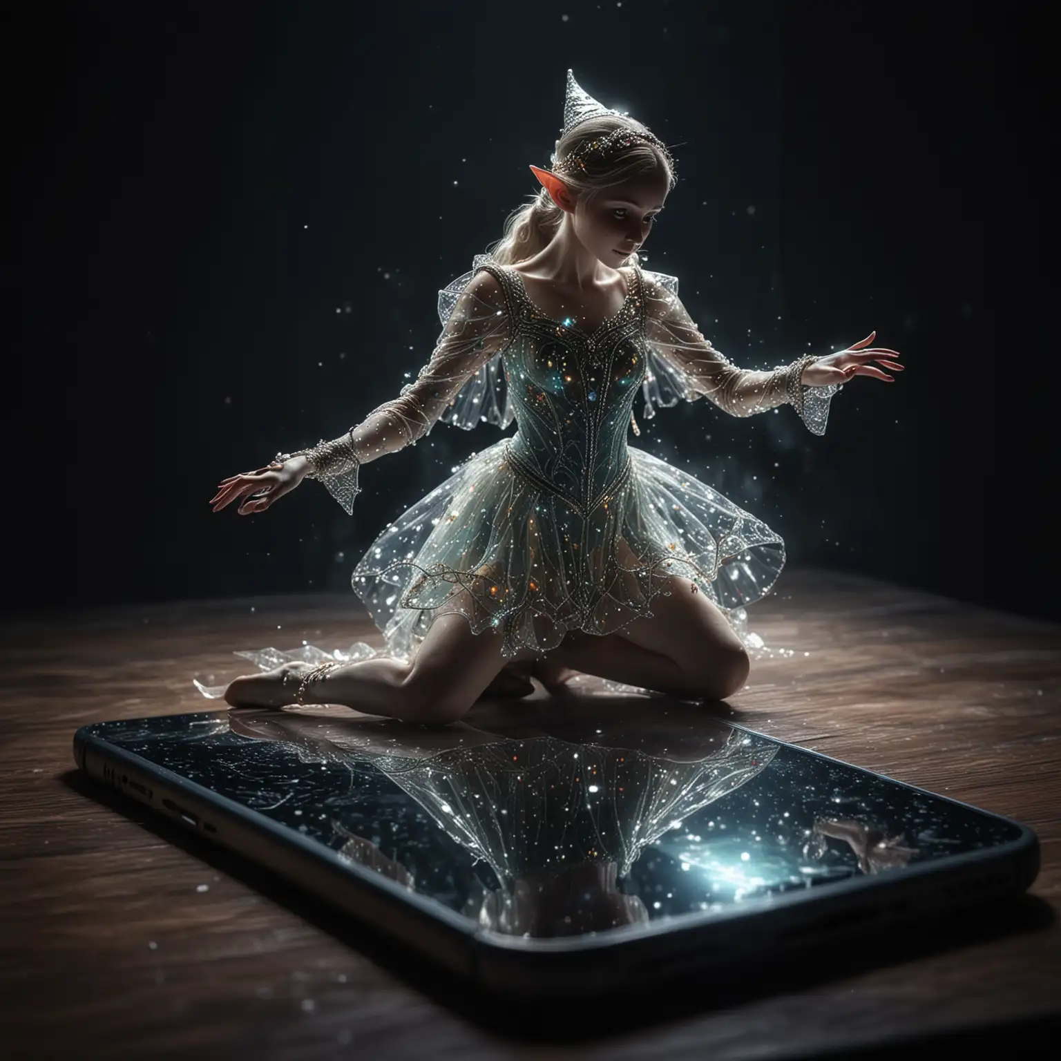 translucent hologram of a dancing elf in intricate dress emergin from an iphone lying on the table, dark room background. fine details, ultra-sharp, mysterious. high enhance