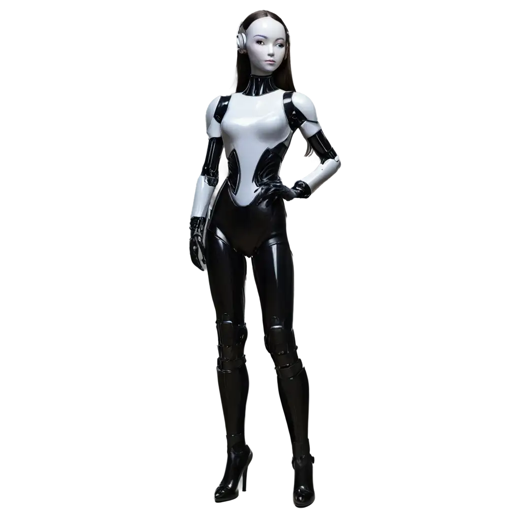 Cute-Female-Robot-PNG-Image-Front-View-in-Silver-Clothes-Black-Shoes-and-Gloves