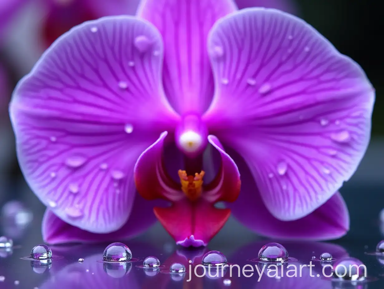 Closeup-of-a-Purple-Orchid-with-Water-Droplets-on-Reflective-Surface