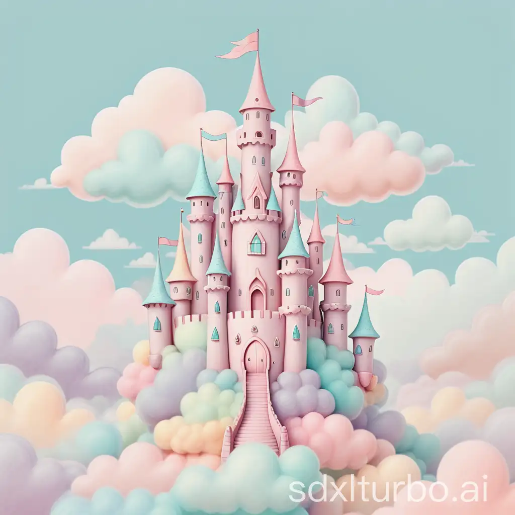 whimsical castle in the clouds in pastel colors