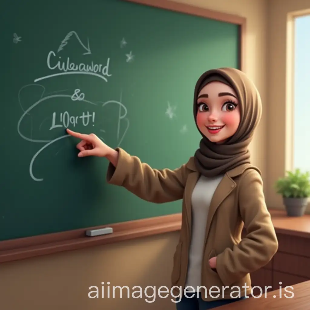 Female-Teacher-in-Hijab-Pointing-to-Black-Board-in-Classroom-Cartoon-Style