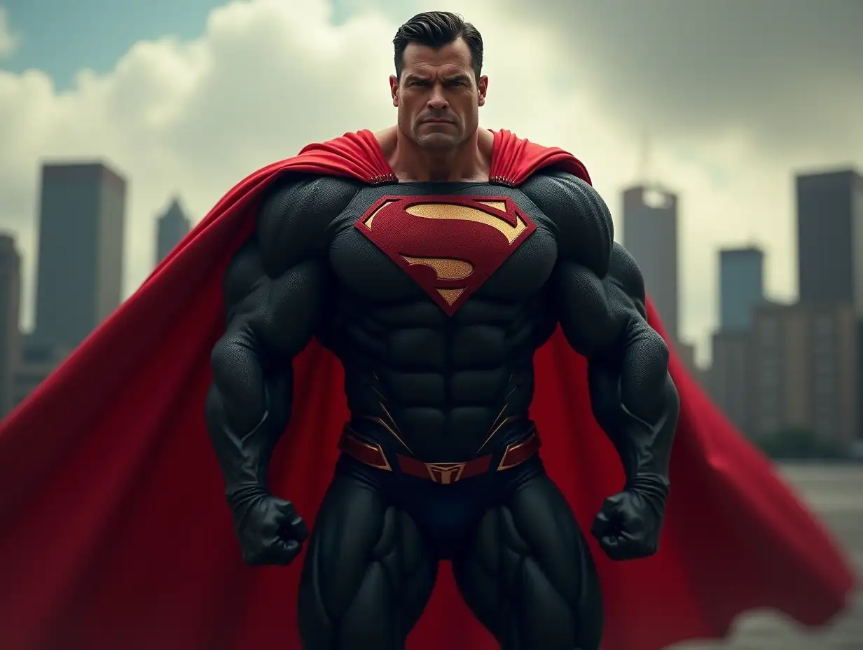 A superhero named 'Super Militant' characterized by enormous muscles and a powerful physique. He is wearing a sleek black suit featuring a prominent 'M' symbol on his chest. Flowing behind him is a bright red cape, creating a striking contrast against his dark outfit. The scene captures him in a heroic pose, showcasing his strength and dominance, with a dramatic city skyline in the background.