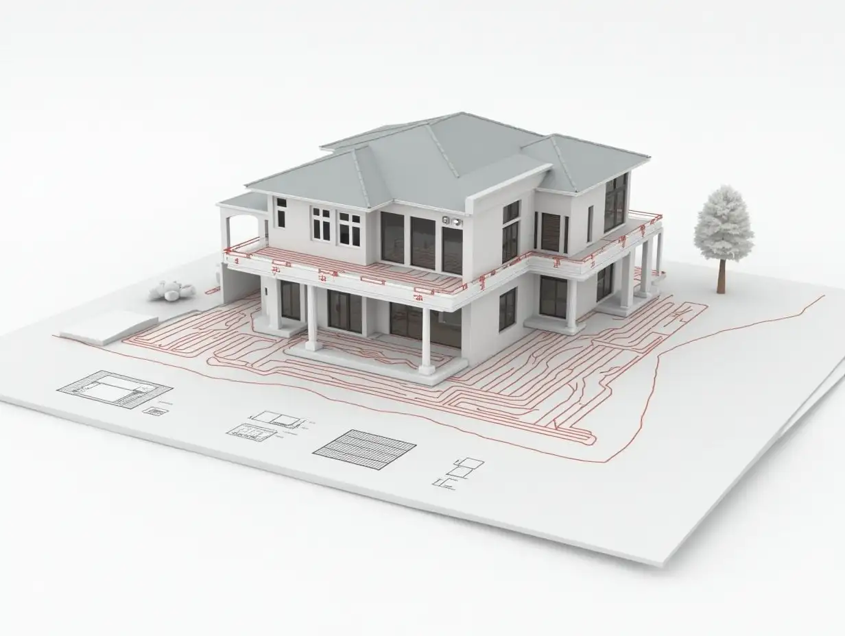 Architectural Blueprint with 3D Home Model and Underfloor Heating System Details