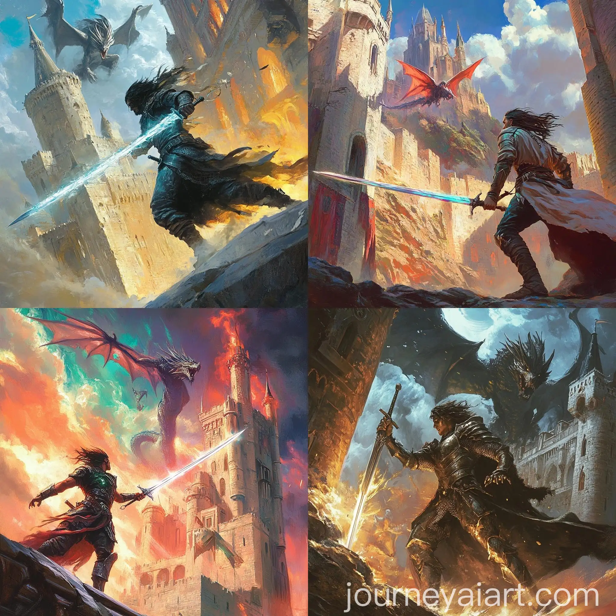 Warrior-Escaping-Castle-with-Sword-of-Rays-and-Dragon-in-Magic-Style