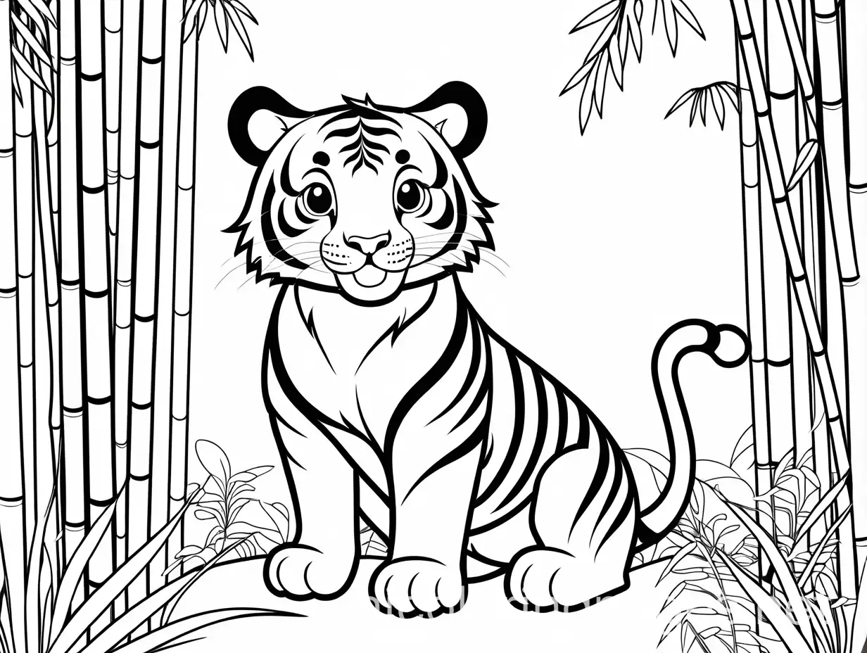 Smiling-Tiger-with-Cube-in-Bamboo-Forest-Coloring-Page