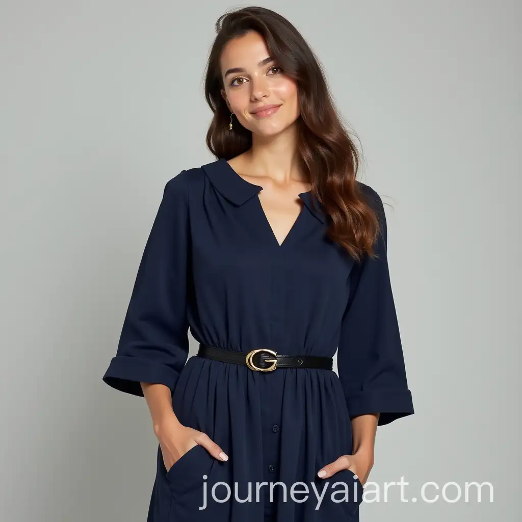 Girl-in-Navy-Blue-Simple-Sewn-Dress-with-Flared-Sleeves-and-Waist-Belt