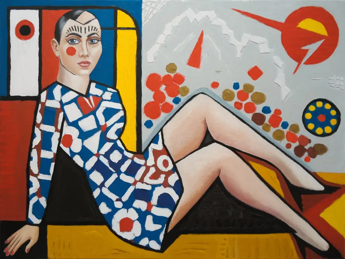 make a painting in the style of pit modrian and yayoi kusama. cubism, conceptualism, woman and abstraction, feminism, plastic surgery, hairy legs, hocthoma, matryoshka