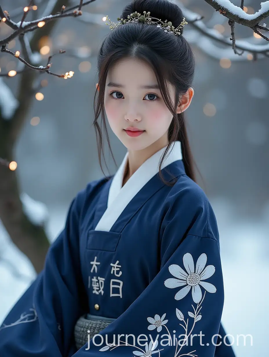 Korean-Girl-in-Dark-Blue-Hanfu-Surrounded-by-Sparkles-and-Trees