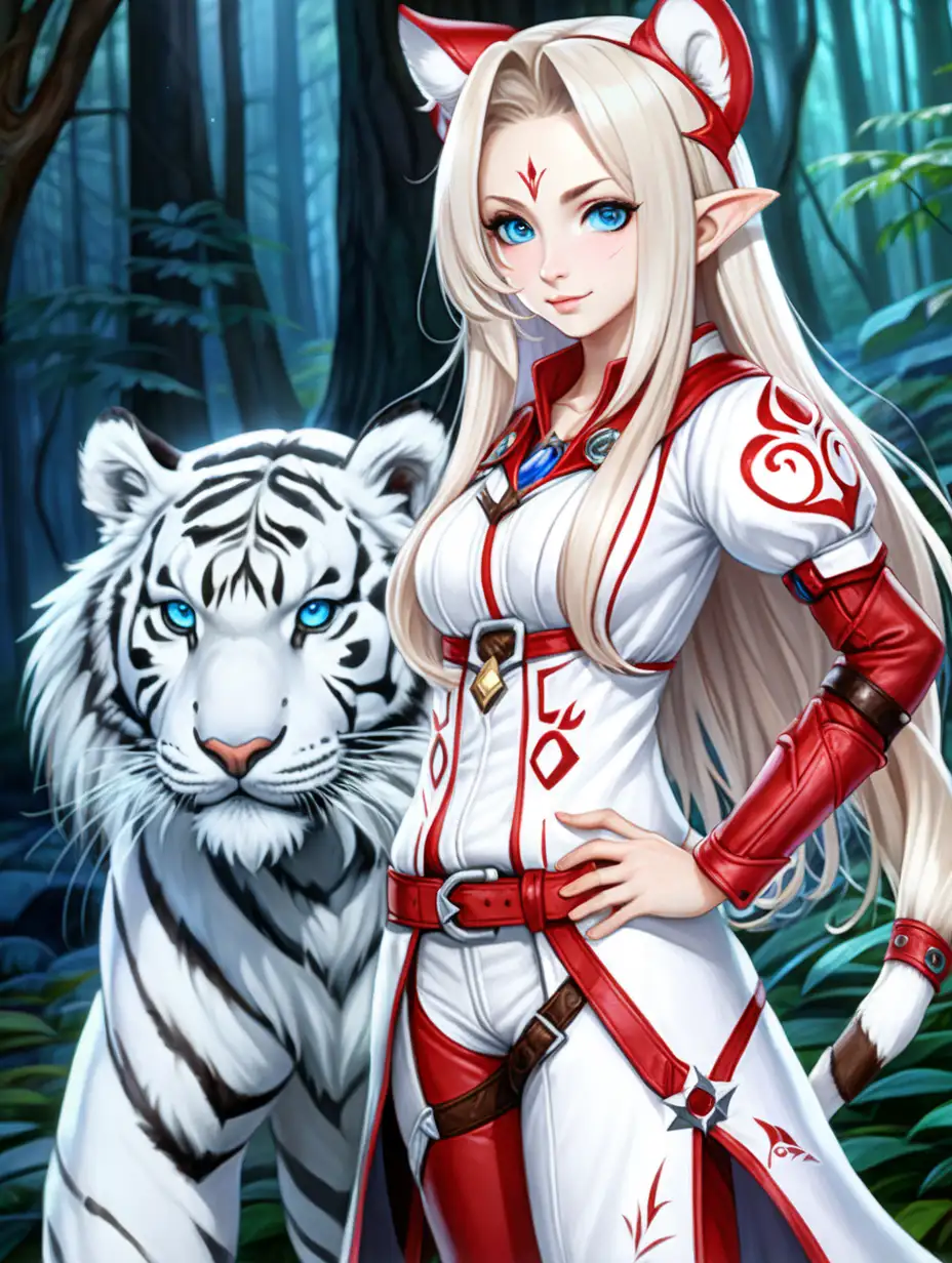 ((style arcane)), (((White mage's uniform))), ((mage woman)), ((white tiger ears)), very night forest, white long hair, (only 1 woman), (blue eyes), ((плоские зрачки)), red freckles, ((without humans ears)), ((beautiful face)), ((scarlet leather Trousers)), (A slight smile), (sexy)