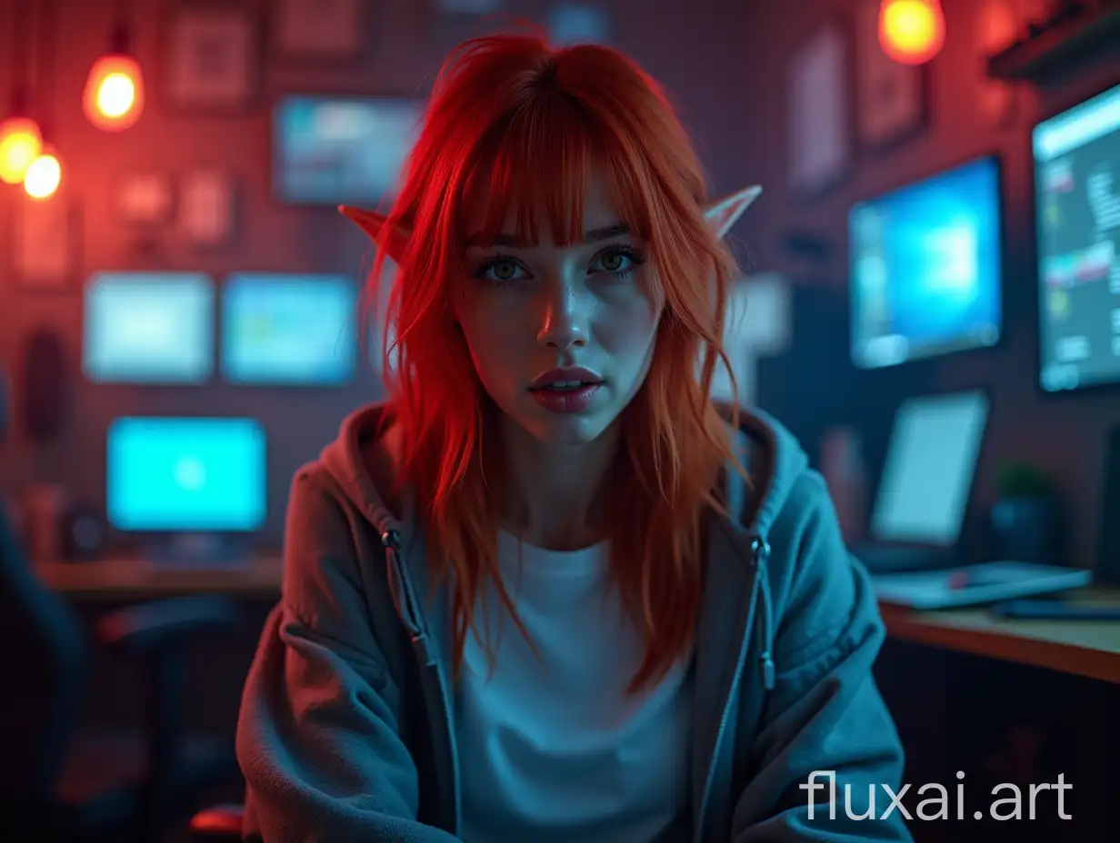 A very attractive beautiful red haired SHE - ELF hacker is talking to us facing the camera. [She dressed in white sleeveless shirt and a gray hoodie][She has pointy ears][The background is a neon-lit large hacker's place][Cyberpunk setting]