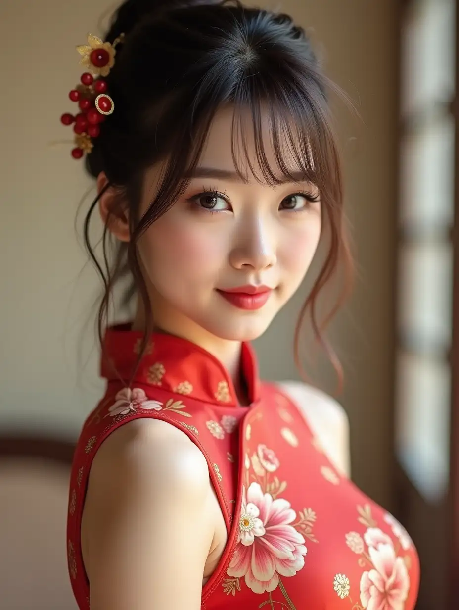 Confident-Young-Woman-in-Tiny-Frontless-Cheongsam-with-Chopstick-Hairpin