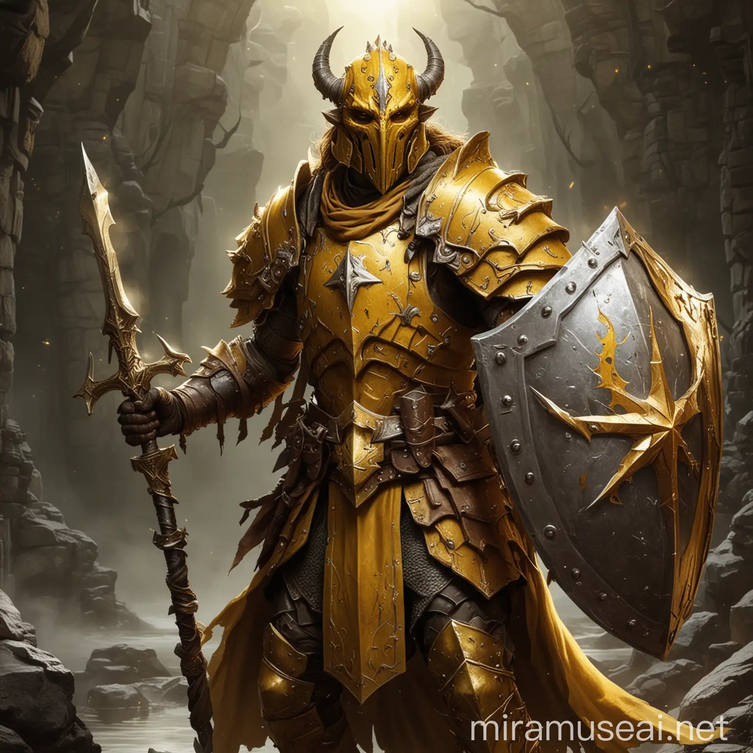 Dragonborn Yellow Paladin with Shield and Morning Star