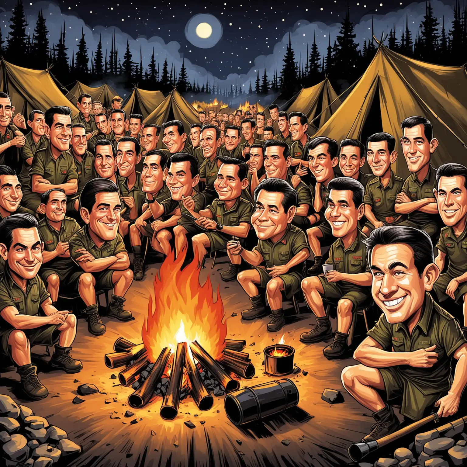 Caricature Art of Mens Secret Fire Camp at Night