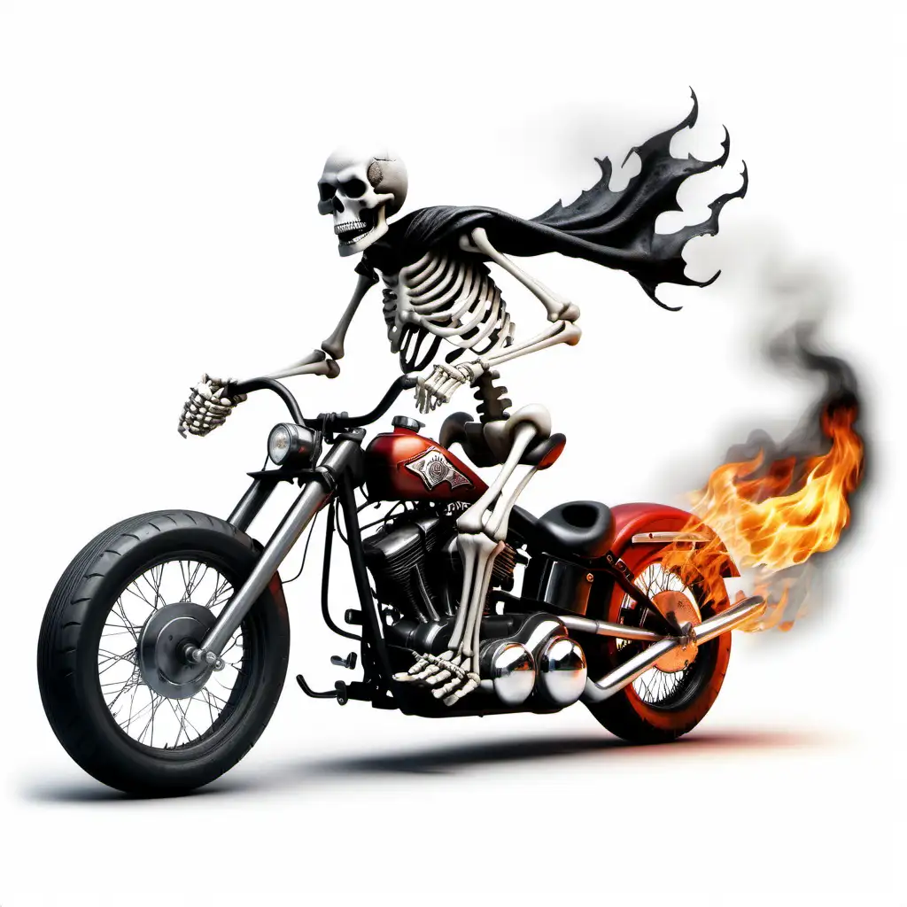 Skeleton Riding Harley Motorcycle with Fiery Exhaust on White Background