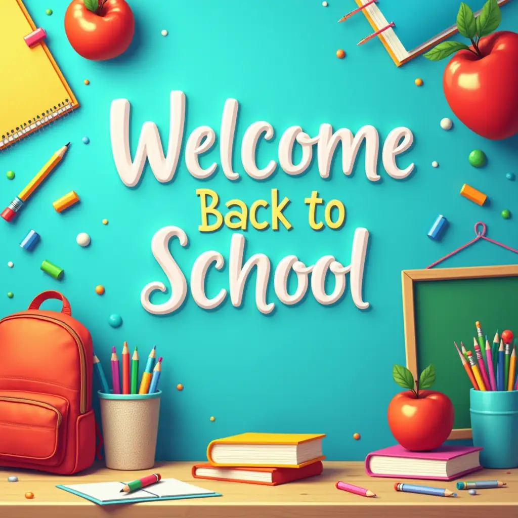 Create a vibrant and engaging Back-to-School banner image. The design should feature a cheerful and colorful school setting with elements like school supplies (notebooks, pencils, and apples), a chalkboard, and a backpack. Include bright, welcoming colors like blue, yellow, and green. Add a touch of fun with playful elements such as cute school-themed icons or cartoon characters. The banner should convey excitement and positivity for the new school year, with space for a text overlay that reads 'Welcome Back to School!' in an inviting and playful font.