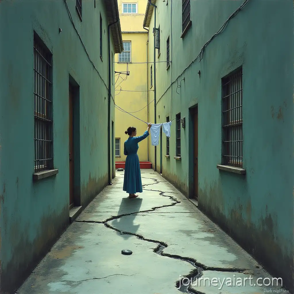 WomanWalking-down-a-corridor-Hanging-Laundry-in-a-Bleak-Corridor-with-Weeping-Floor