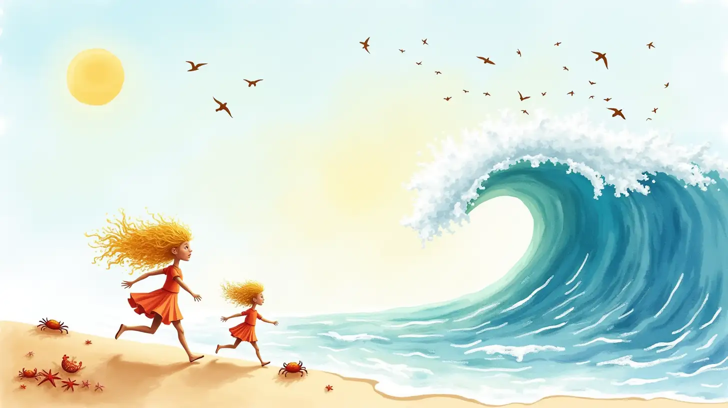 Blonde Sisters Playfully Escaping a Giant Wave at Sunset Beach