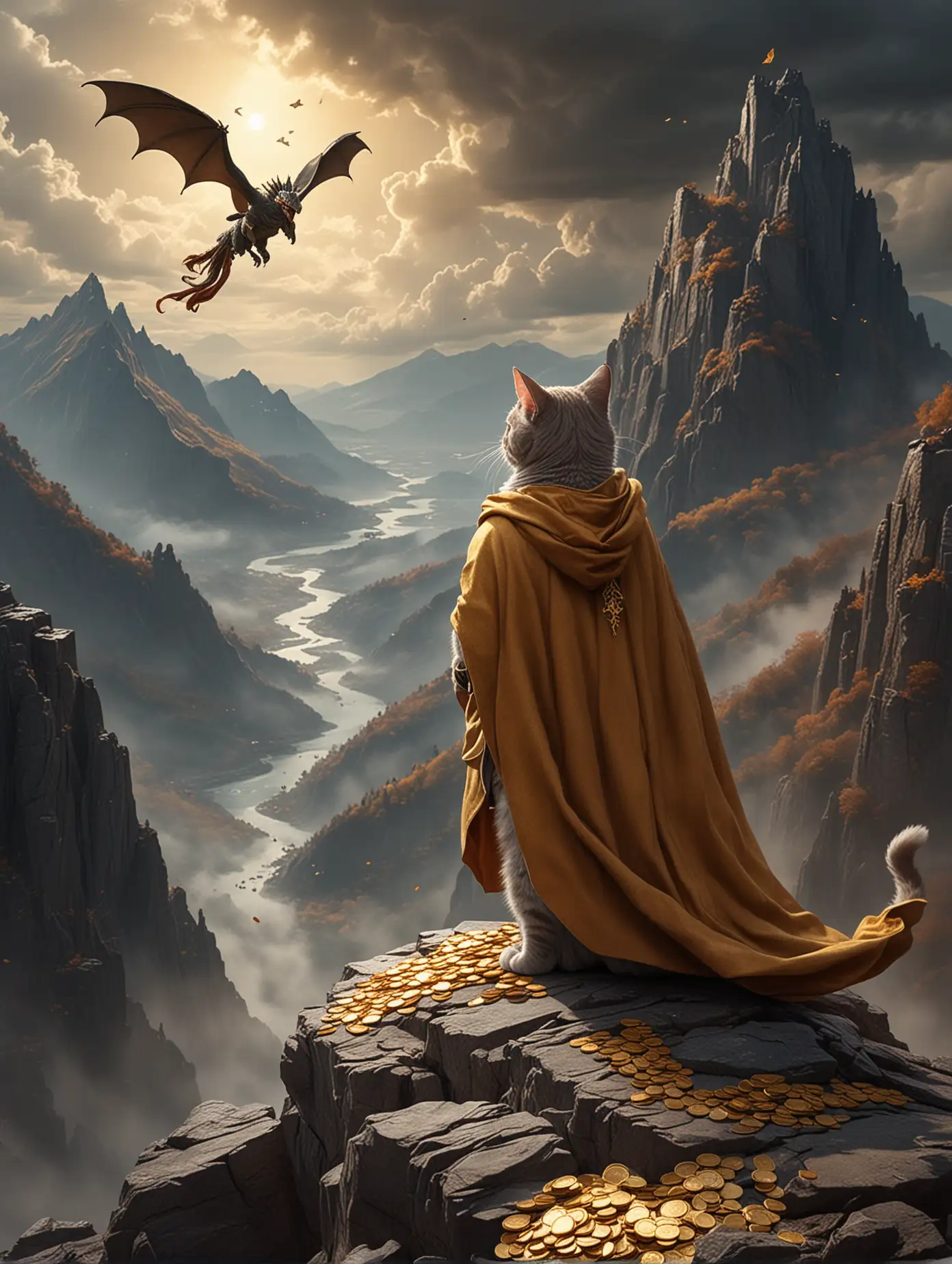 Cat-in-Cloak-Confronts-Hovering-Dragon-with-Gold-Coins