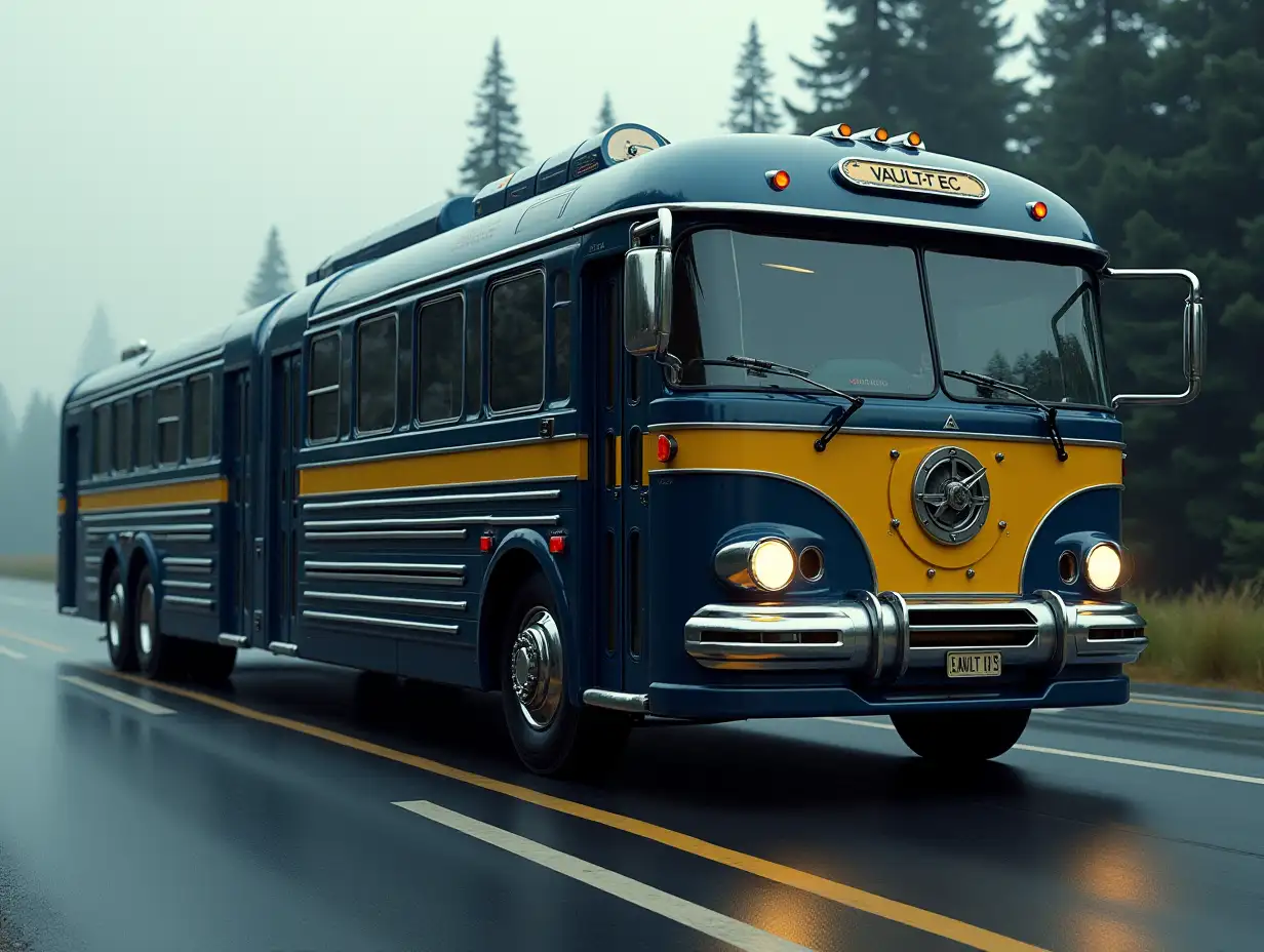 Create a photorealistic image of a futuristic, massive double-section bus designed by Vault-Tec and inspired by the Streamline aesthetic. The bus is painted in dark blue and yellow and features the Vault-Tec logo on its sides. It features a sleek aerodynamic design and an all-new look. The car is divided into two compartments connected by a flexible accordion joint for greater passenger capacity. The front end has an imposing, streamlined design with large windows, polished chrome grille and integrated headlights. The side doors, designed for passenger boarding and of sealed, radiation-resistant construction, are visible. The surface of the bus is smooth, polished and reflects the dim light of the futuristic urban or apocalyptic surroundings. In the background is a dense pine forest at the edge of a smooth new motorway. The overall atmosphere conveys reliability, innovation and a subtle sense of urgency. Rendered in 16:9 aspect ratio.