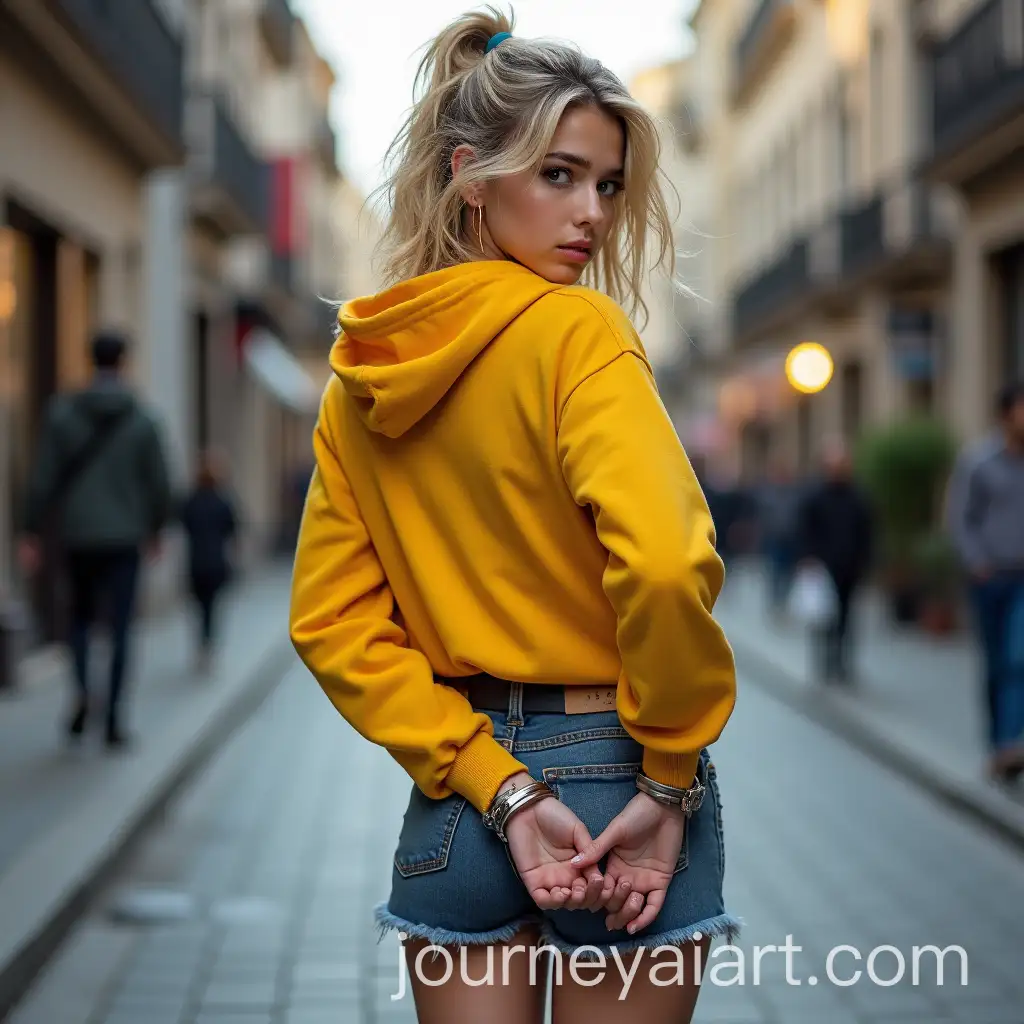 Sad-Girl-in-Yellow-Shirt-and-Shorts-with-Metal-Handcuffs-on-City-Street