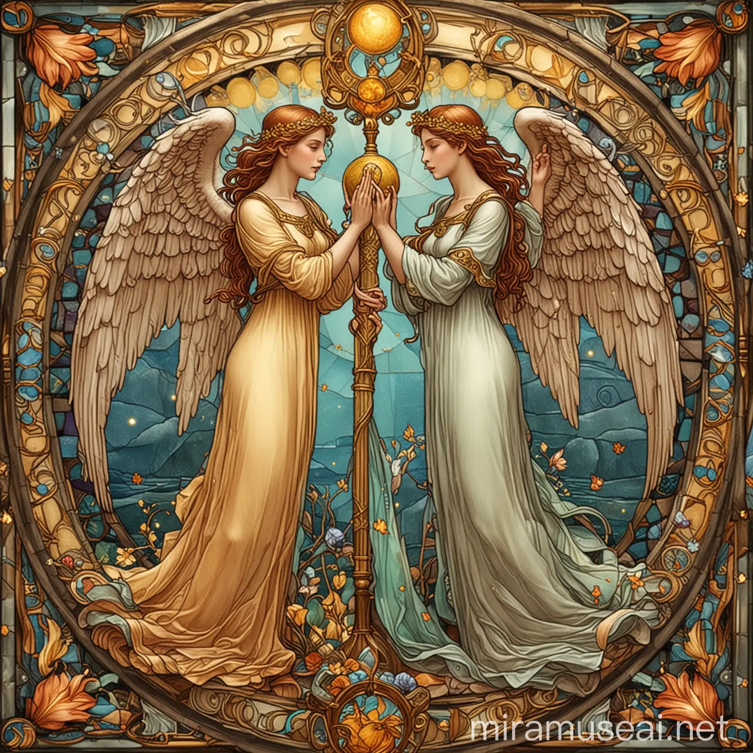 Art Nouveau Stained Glass Tarot of Loving Female Angels