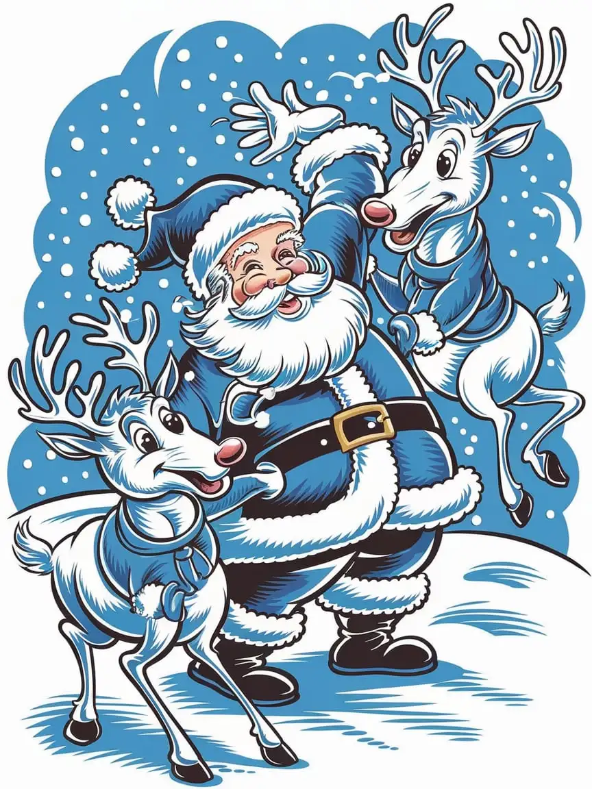 Santa Claus Snowball Fight with Reindeer Cartoon Retro Tattoo Design