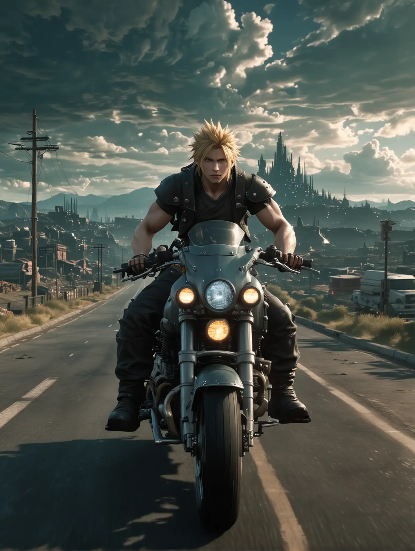 Cloud from final fantasy 7 riding On a motorcicle , looking at the camera, highway, sparks from wheels, in the distance Midgard city. Cinematic