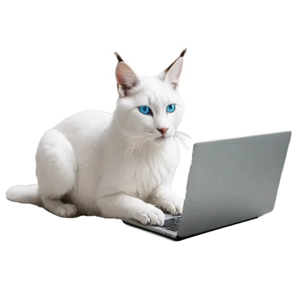 Pixelated-Lynx-with-White-Body-and-Cyan-Accents-Using-Laptop-PNG-Image