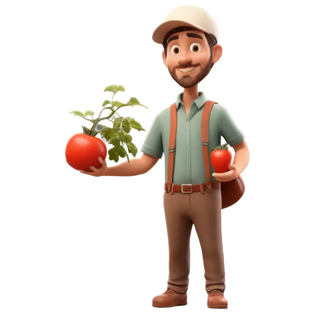 PNG-Image-of-Man-with-Cap-Holding-Tomato-Plant-Vase-in-Animation-Style