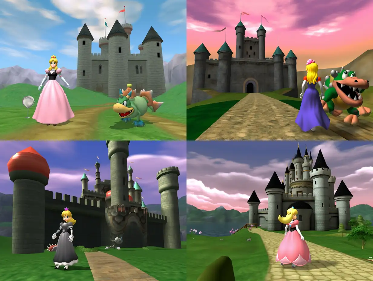 Princess-Peach-in-Black-Dress-Holding-Sword-with-Chained-Yoshi-and-Castle-Background