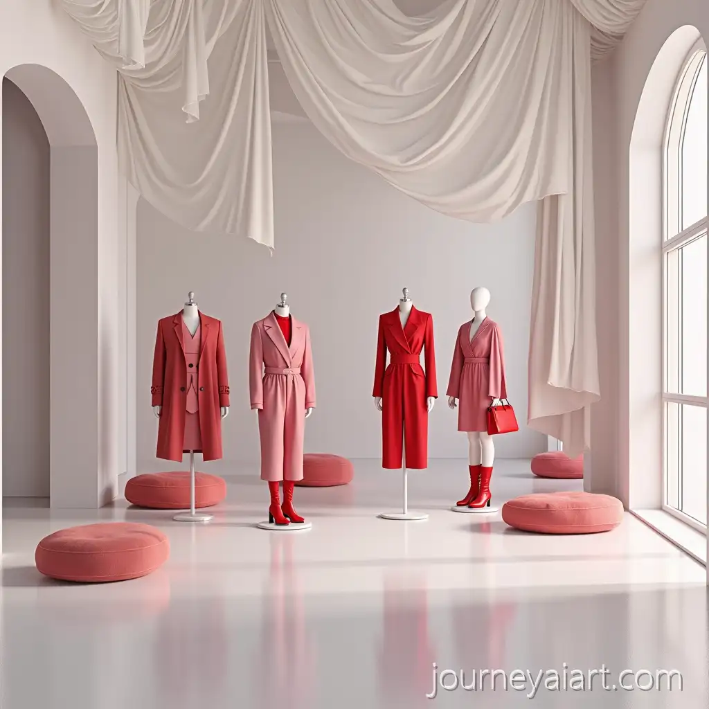 Modern-Fashion-Gallery-with-Red-Mannequin-Displays-and-Draped-Lighting