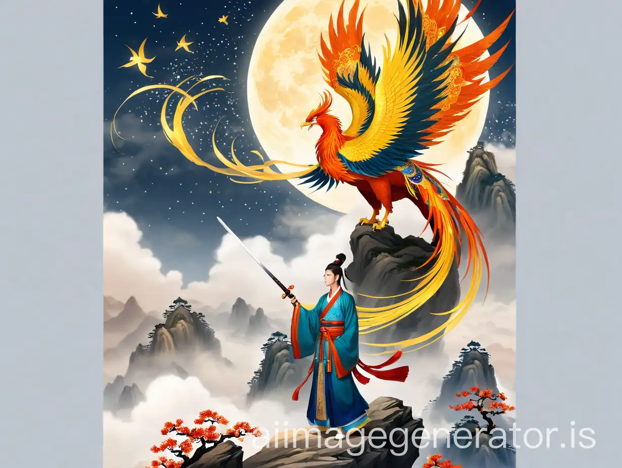 Handsome-Man-with-Sword-and-Phoenix-Dancing-in-Foggy-Mountain-Scene