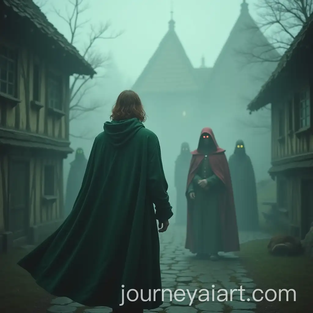 Male-Magician-and-Swordmaster-Enter-Dreamy-Medieval-Fantasy-World-with-Foggy-Inn-and-Villainous-Figures