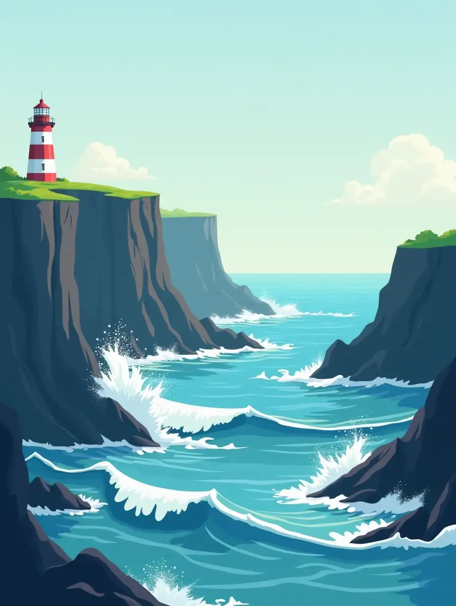 A flat design featuring jagged cliffs meeting crashing ocean waves, with a lighthouse standing in the distance.