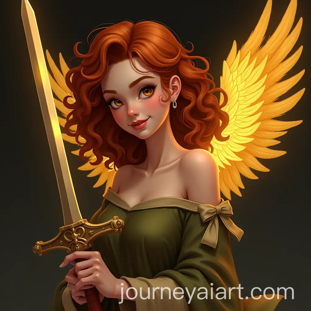 Redhead-Girl-with-Curly-Hair-Glowing-Sword-and-Golden-Wings-in-Dark-Background
