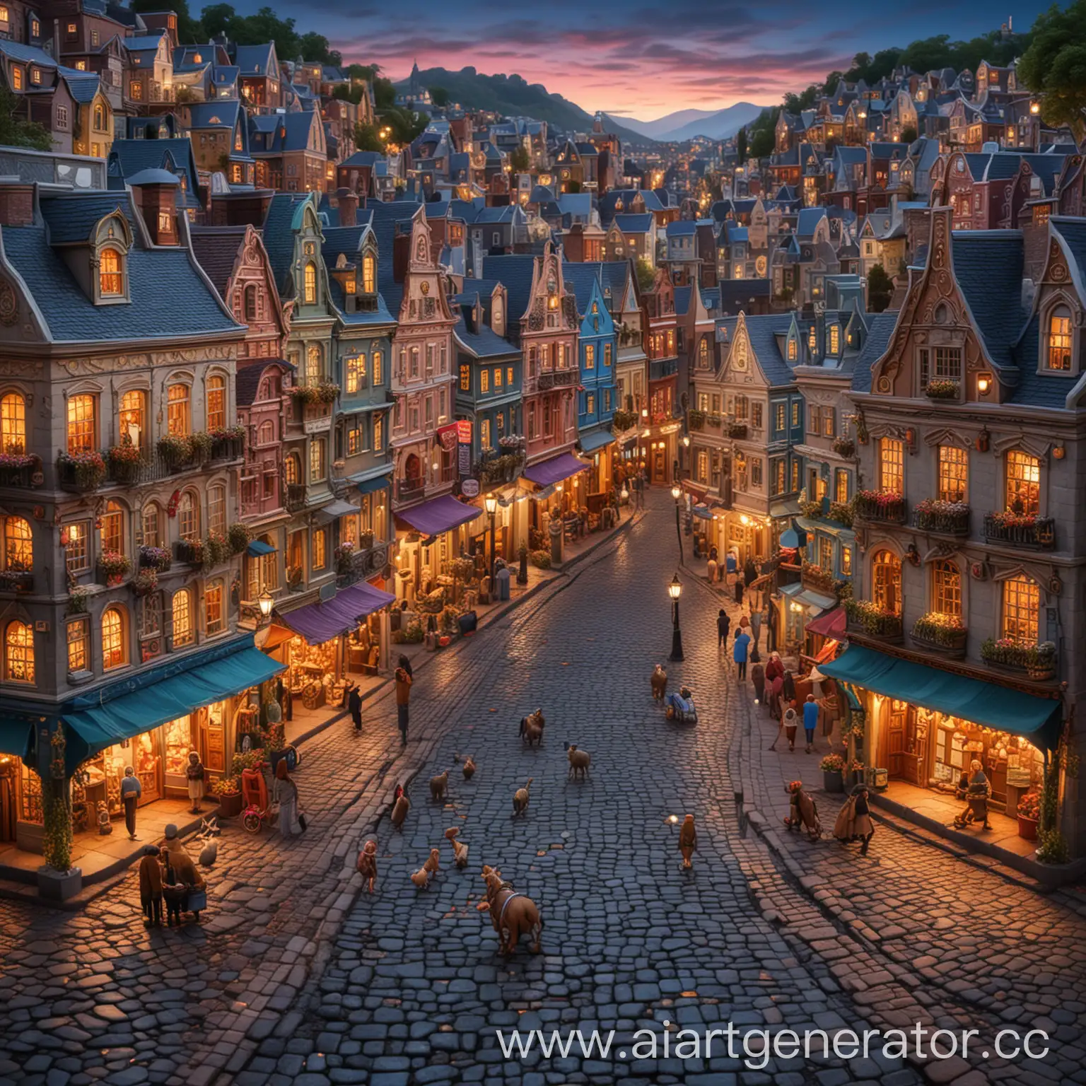 Whimsical-Cityscape-at-Twilight-with-Colorful-Buildings-and-Bustling-Streets