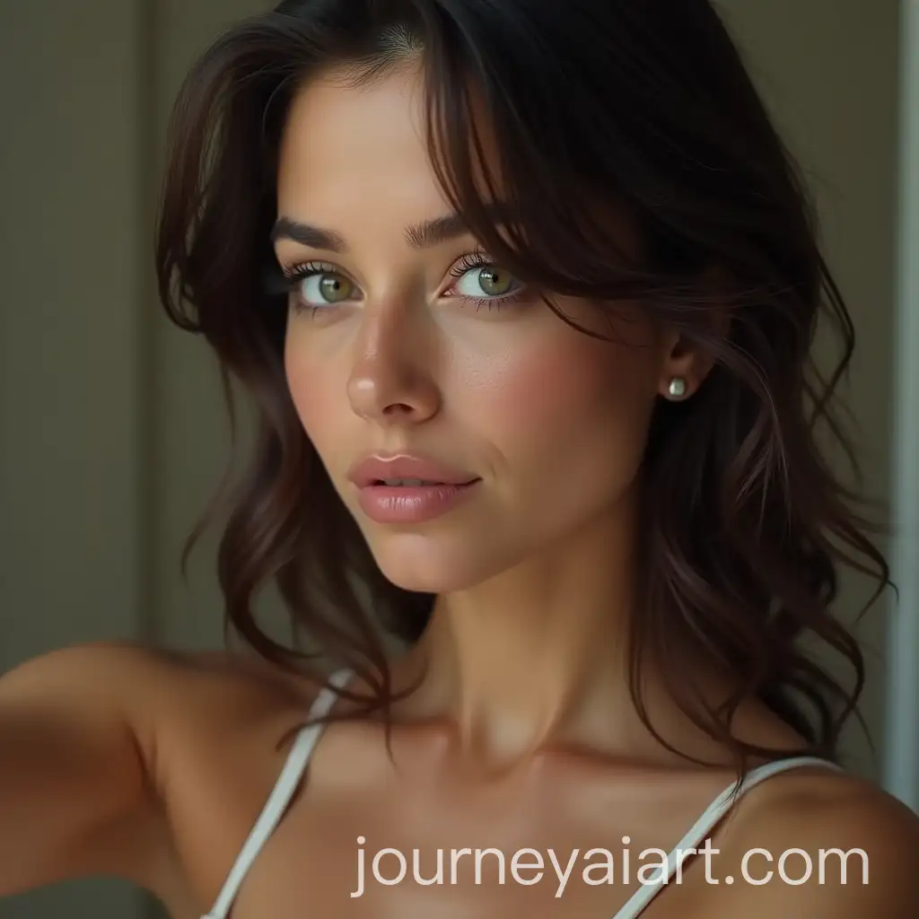 Attractive-Woman-with-Dark-Hair-and-Green-Eyes-Taking-a-Selfie-in-Bathroom-Mirror
