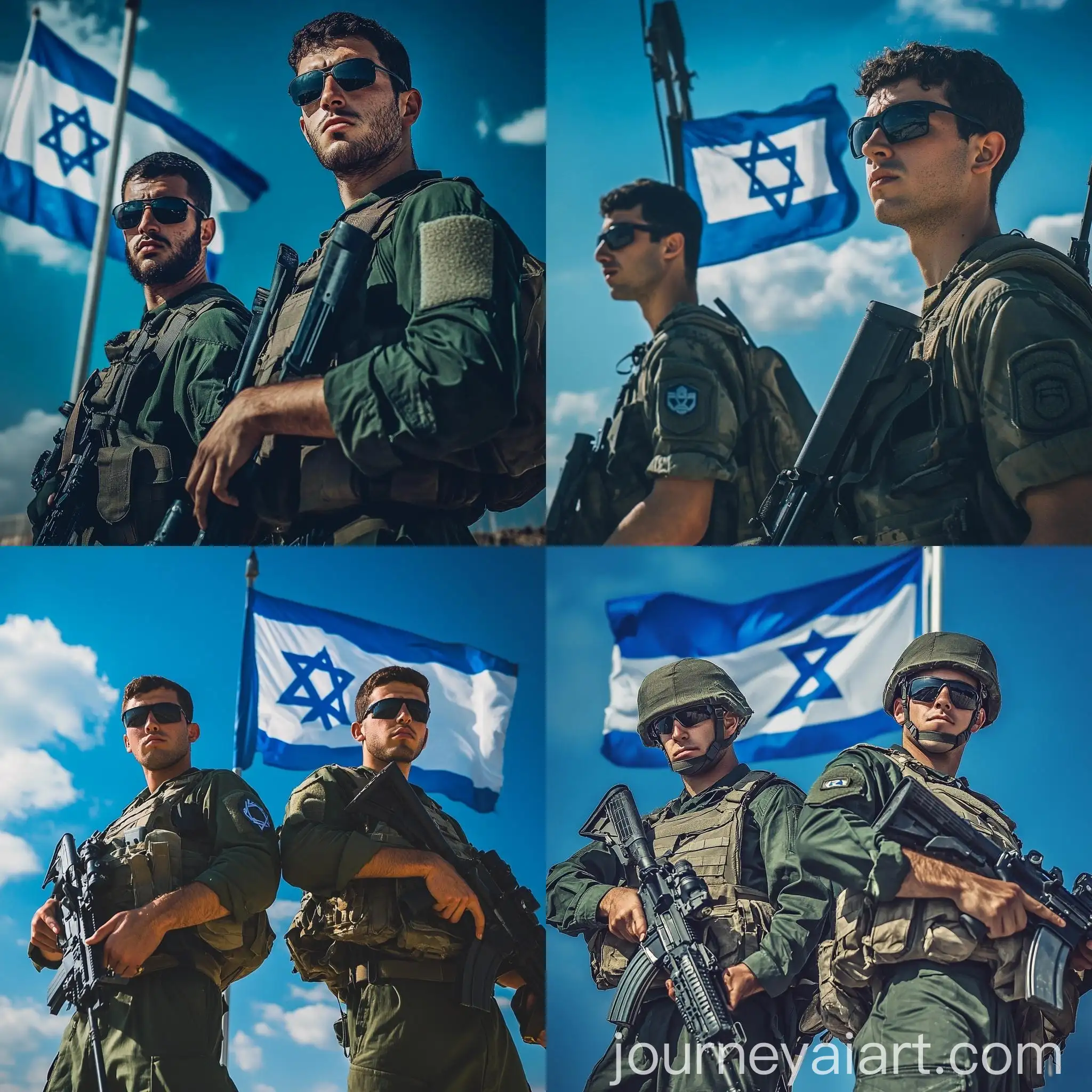 Israeli-Soldiers-in-Dark-Green-Uniforms-with-Rifles-and-Israeli-Flag