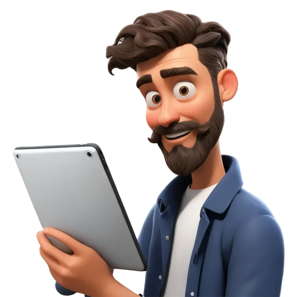 Cartoon-Man-with-Beard-Using-iPad-PNG-Image-Creation