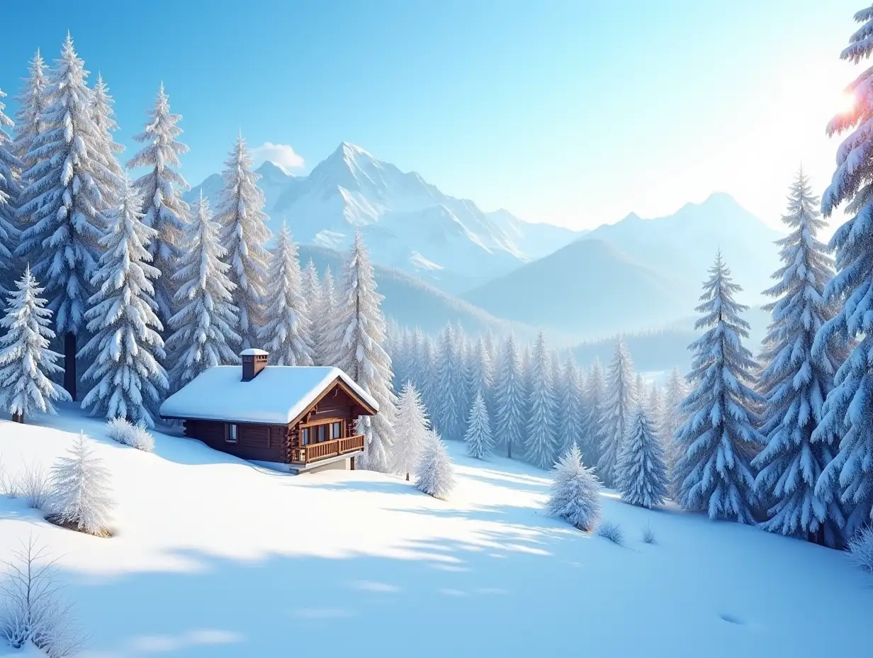 Sunny-Winter-Landscape-with-Snowy-Forest-and-Alpine-Chalet