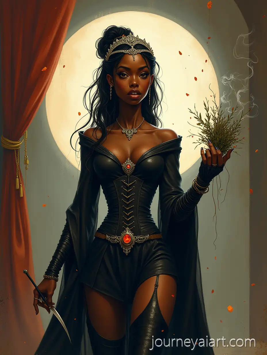 Medieval-Mind-Witch-with-Silver-Tiara-and-Smoldering-Herbs-in-Abstract-Room