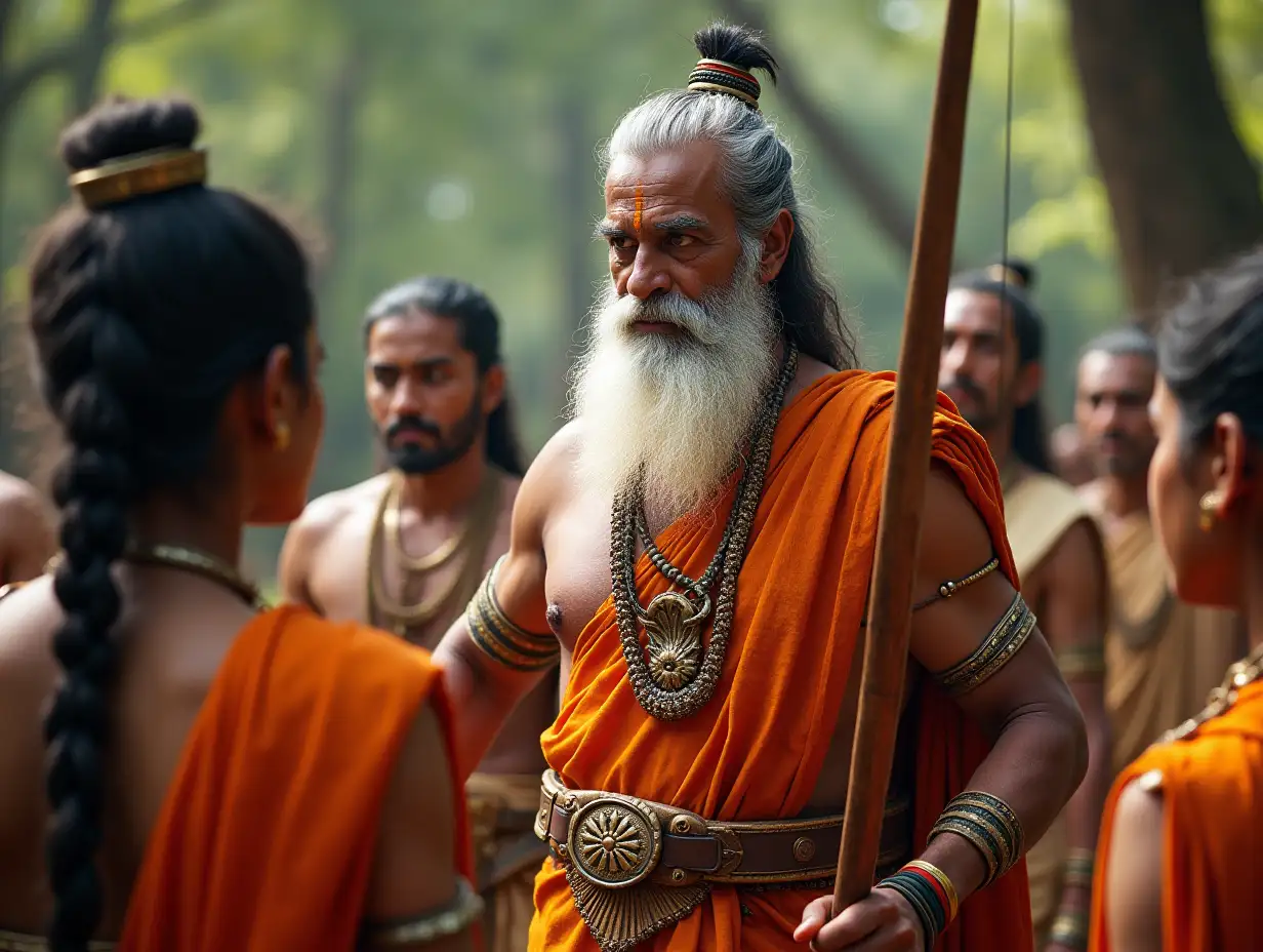 An ancient Indian scene featuring Guru Dronacharya, an elderly man with a long white beard and serene expression, standing confidently while holding a bow. He is teaching young warriors dressed in traditional royal attire. All faces have balanced, symmetrical features with calm and composed expressions. The setting is a peaceful forest with hints of a royal training ground.