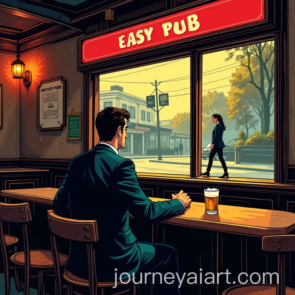 Man-in-Suit-Watching-Woman-Walk-Away-in-Empty-Pub-Pop-Art-Style