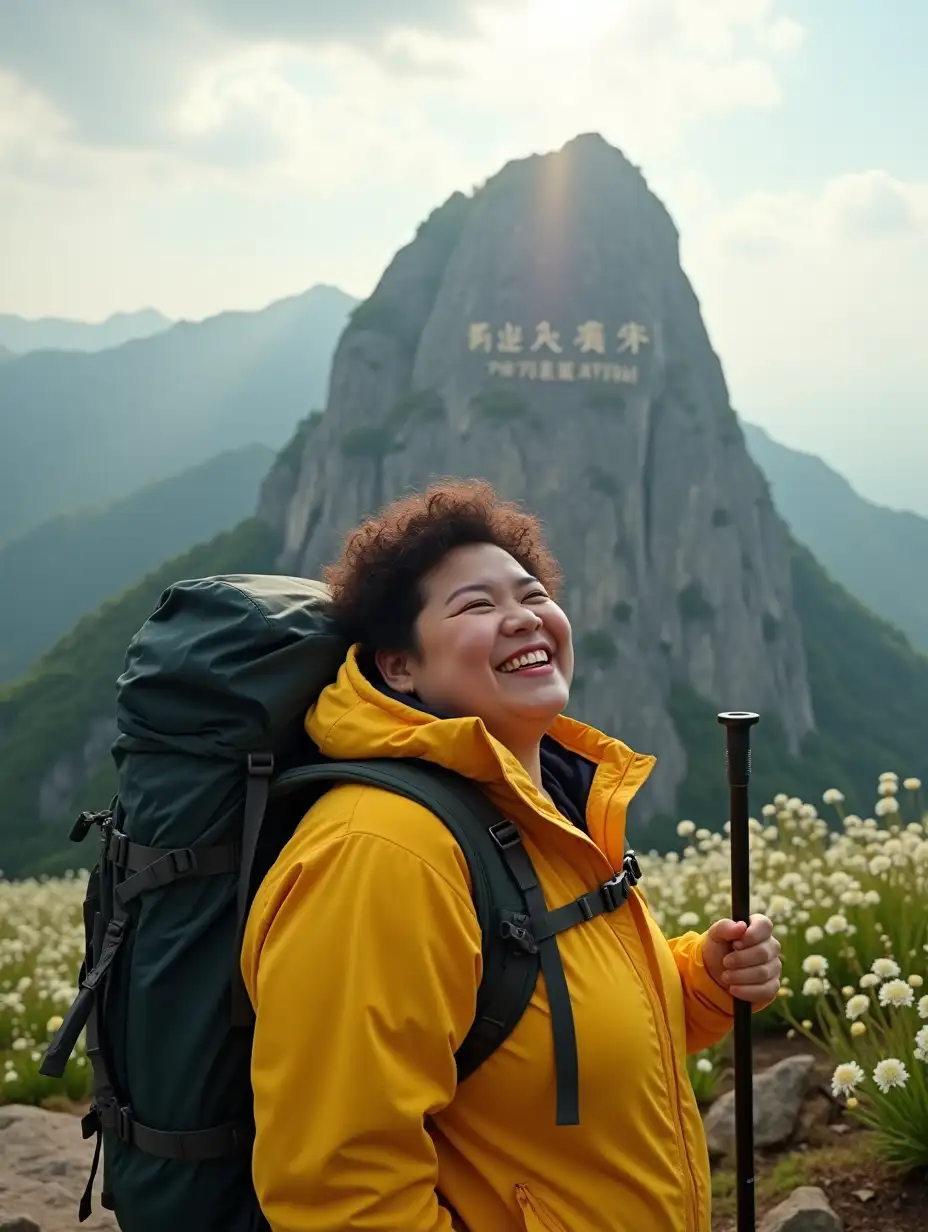 In a vast mountainous region, a petite Chinese woman, 38 years old, with short curly hair, a chubby figure, a round face, monolids, dark complexion, and squinty eyes, stands on the mountain peak, laughing heartily with her crooked teeth. She has a dimple on her left cheek. Behind her, the mountaintop is covered in small white wildflowers. She's wearing a bright yellow windbreaker, carrying a large backpack for hiking on her back, and holding a hiking stick next to her. The sun is shining brightly behind her, along with fierce winds. In the distance, you can barely see an enormous rock with 'Zhongnan Mountain Peak' engraved on it.