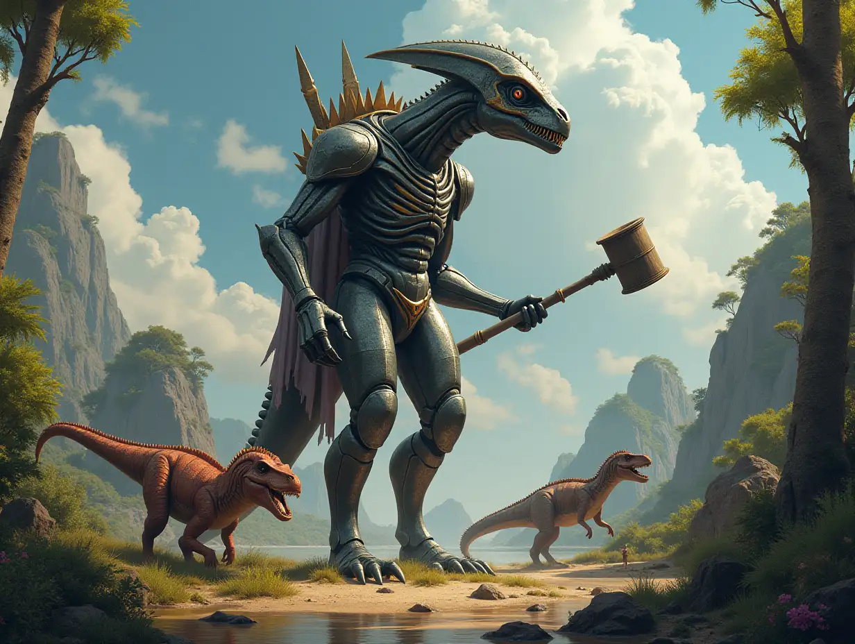 Hyperrealistic portrait of a gpanzerter metal alien king 10 meters tall with a hammer in his hand on an island with many dinosaurs that are intricately detailed and colorfully set against a backdrop of a lush forested planet