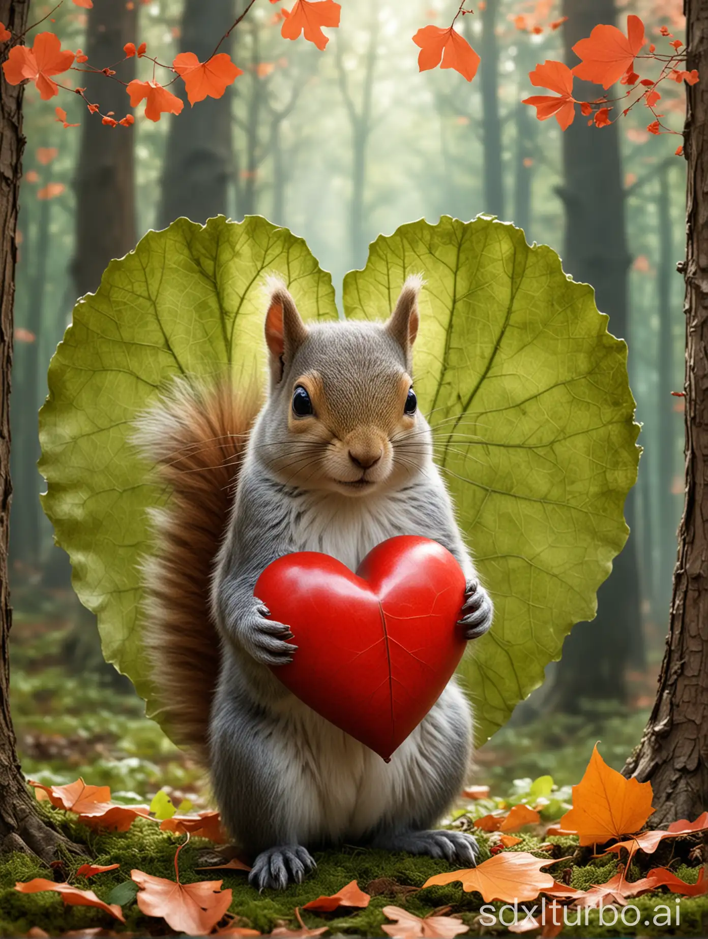 squirrel embraces large ginko leaf. Scene is in the forest and both are enclosed by a semi-transparent large red heart