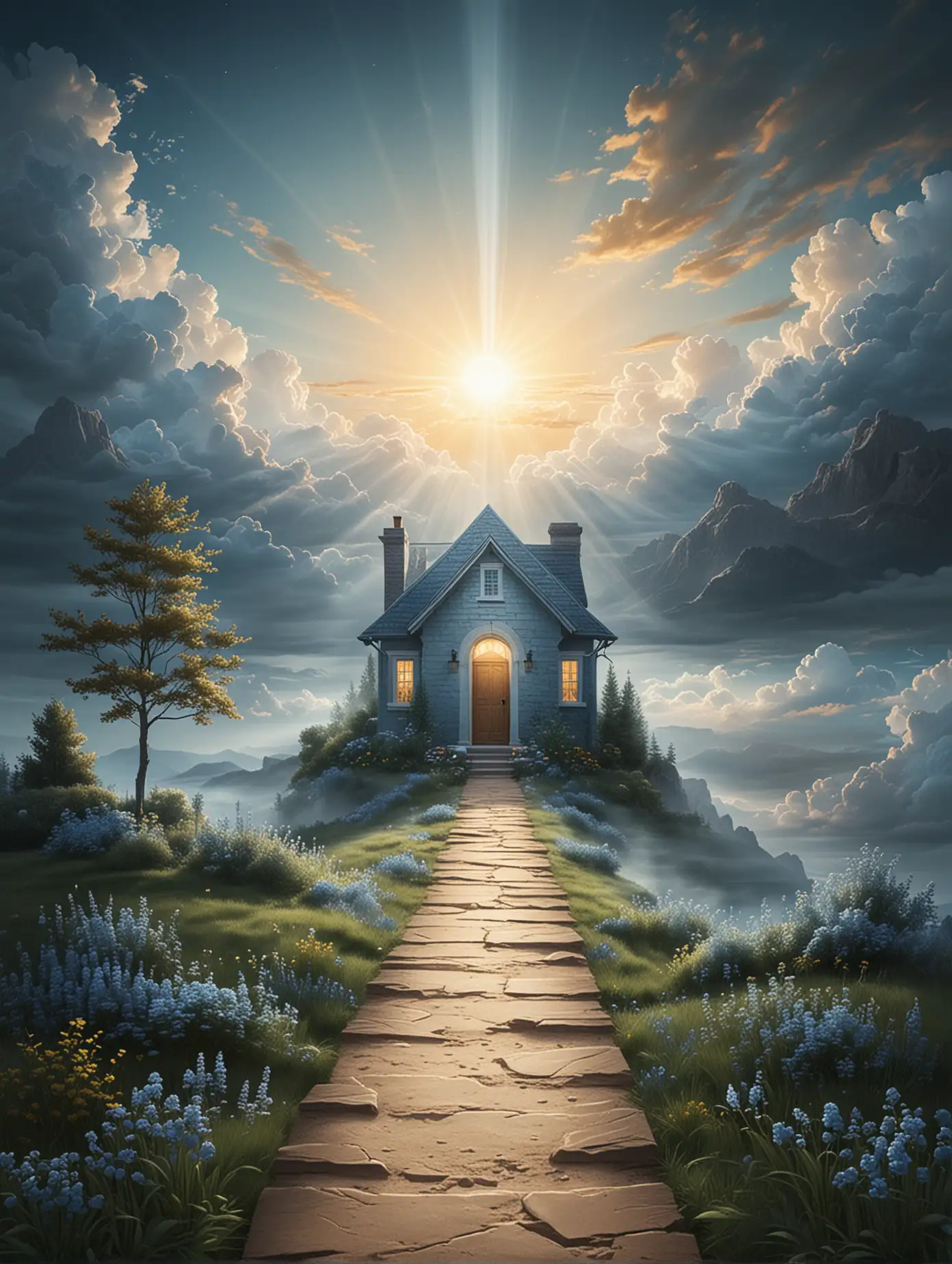 A detailed image representing the concept of constructing a life with purpose. The image features a partial architectural blueprint of a house, symbolizing the idea of personal development and building a purposeful life. The blueprint fades into the background, representing an ongoing journey. A winding path leads towards a radiant horizon, symbolizing progress and the 30-day journey to clarity and intention. The color scheme includes soft blues and warm golds, with a gradient from darker at the bottom to lighter at the top, reflecting a transition from uncertainty to purpose. Light rays break through clouds at the top, symbolizing enlightenment and growth. The image should evoke a sense of calm determination and hopeful progress.